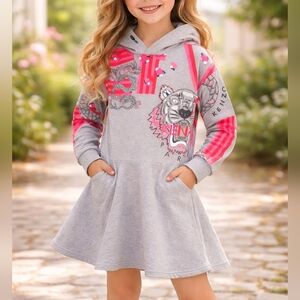 Kenzo Kids Grey Sweatshirt Hooded Mini Dress
